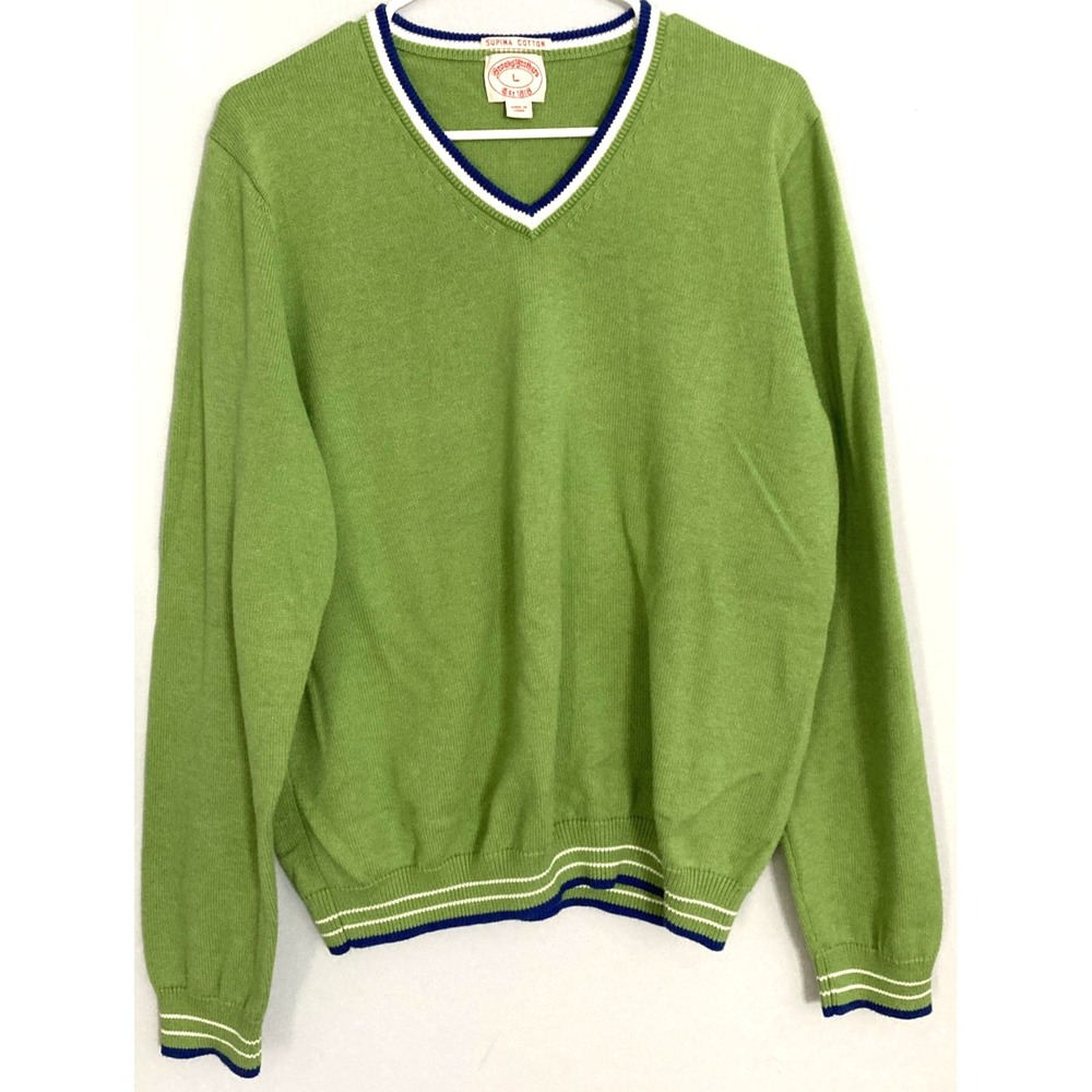 Brooks Brothers Sweater Mens Large Green Supima‎ Cotton V Neck Pullover Knit EUC